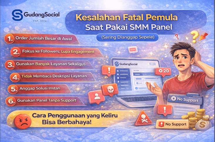 Ilustrasi kesalahan fatal pemula saat menggunakan SMM panel, menampilkan daftar kesalahan umum seperti order jumlah besar di awal, fokus ke followers tanpa engagement, dan penggunaan panel tanpa support, dengan visual pengguna yang terlihat kebingungan.